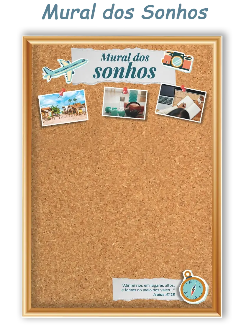 Página do livro O Sonho Não Acabou com o Mural dos Sonhos, um quadro de cortiça para o leitor colar fotos e sonhos